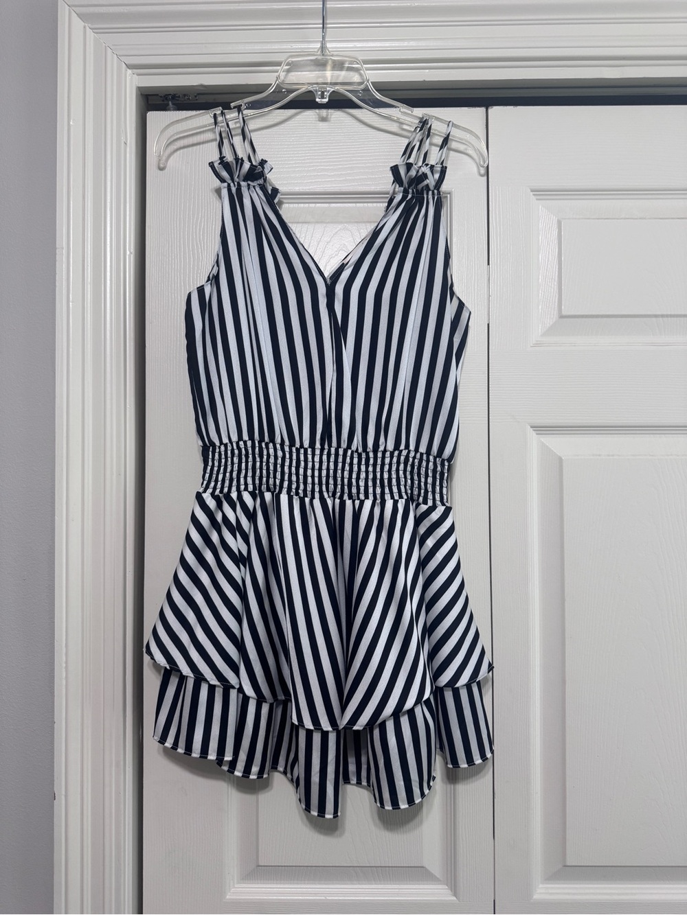 Striped Black and White Tiered Dress with Smocked Waist
